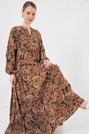 2423 Otantik Desenli Tesettür Elbise - Camel resmi